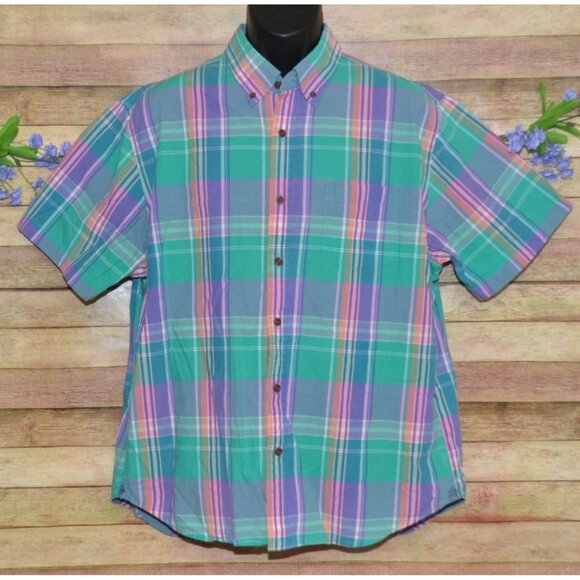 Lands' End Mens XL Pastel Plaid Button Down Shirt Short Sleeve Cotton Preppy - Picture 1 of 9